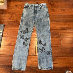 x-girl acid wash jeans, butterfly detail, size s, 100% cotton, straight leg